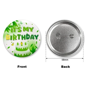 58mm tinplate birthday badge with It's My Birthday cake design and safety pin back