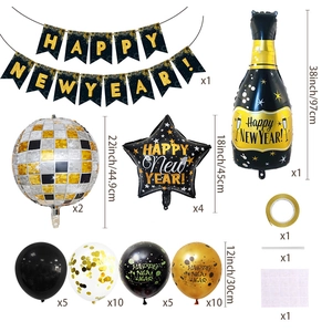Black and gold New Year decoration set with foil wine bottle and latex balloons