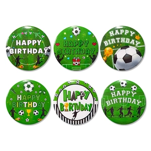 Soccer Theme Tinplate Badge Football Pattern Happy Birthday Pins Round Sports Birthday Party Decorations Button Pins For Kids Adult Souvenir
