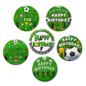 Detailed set of six green football themed Happy Birthday tinplate badges for party favors