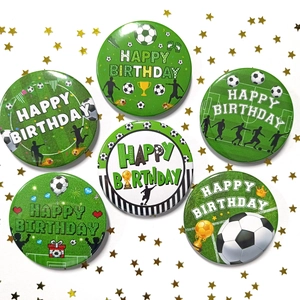Set of 6 green football themed birthday badges with soccer ball and trophy designs