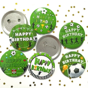 Detailed set of tinplate soccer birthday badges with trophies and athletes silhouettes