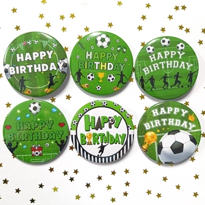 Set of 6 green football themed tinplate badges with Happy Birthday text and soccer motifs