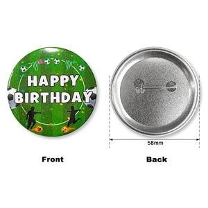 Detailed front and back view of 58mm soccer birthday tinplate badge with pin fastener