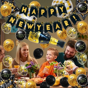 Black and gold Happy New Year balloon set with champagne bottle foil balloon and banners