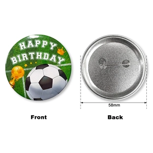 Green soccer birthday badge showing front and back with 58mm diameter dimensions