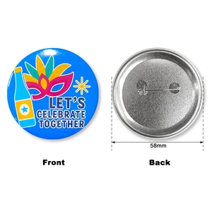 58mm tinplate New Year badge with 'Let's Celebrate Together' slogan and back pin detail