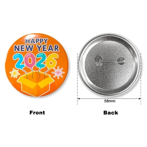 Detailed front and back view of a 58mm Happy New Year 2026 tinplate badge with safety pin