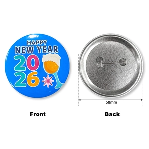 58mm Happy New Year 2026 tinplate badge with cartoon graphics shown front and back