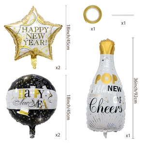 Detail of New Year party kit with 36 inch champagne bottle and star foil balloons