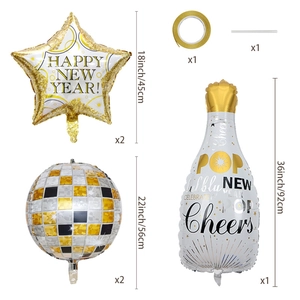 Detailed set of Happy New Year balloons with champagne bottle and star shapes
