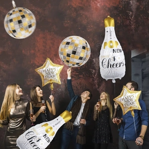 New Year party balloon set with disco balls, gold stars and champagne bottle decor