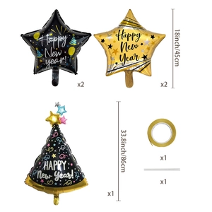 Detail view of 2024 Happy New Year foil balloon set with stars and bottle components