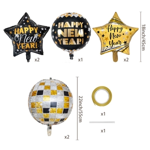 Detail of 18 and 22 inch Happy New Year black and gold balloons set with accessories