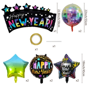Complete Happy New Year balloon set with black gold crown and disco foil balloons