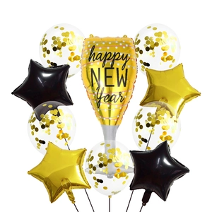 Kit de ballons de Nouvel An avec coupe de champagne dorée et ballons étoiles en aluminium