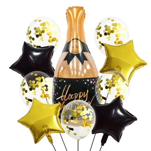 Kit ballons Nouvel An avec bouteille de champagne ballons étoiles et confettis dorés