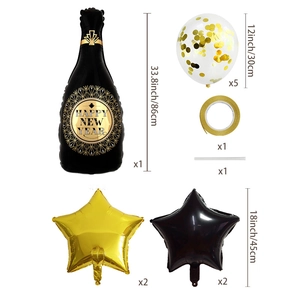 Vue détaillée du kit de ballons Nouvel An incluant bouteille et étoiles