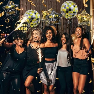 Black and gold Happy New Year foil balloon set for festive party scene decorations