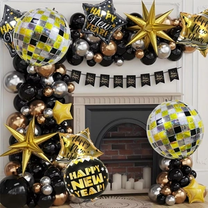 Black and gold New Year balloon arch set with stars and disco foil balloons for party decor