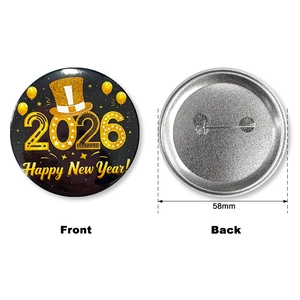 58mm Black and Gold New Year tinplate badge showing both front design and safety pin back