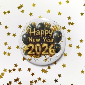 Close-up of 2026 New Year tinplate badge with gold festive balloons on white background