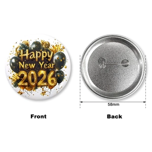 Detailed front and back view of a 58mm black and gold 2026 Happy New Year tinplate badge
