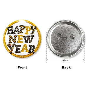 Detailed front and back view of 58mm New Year tinplate badge with gold glitter accents