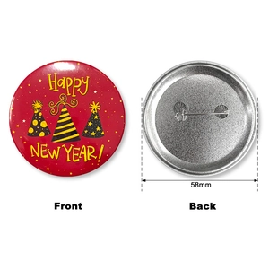 Detailed front and back view of 58mm Happy New Year tinplate badge with safety pin