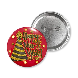 Detailed front and back view of tinplate badge with Happy New Year party hat design