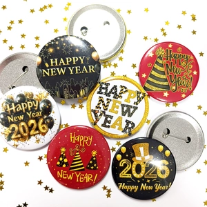 2026 Black and gold Happy New Year tinplate badges with fireworks and party decorations