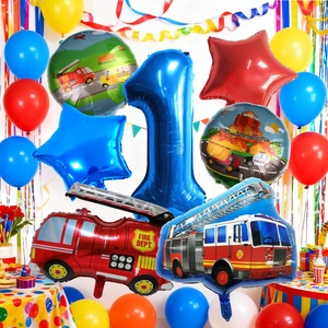 Detail of red fire truck foil balloons and blue number 1 for a child's birthday party