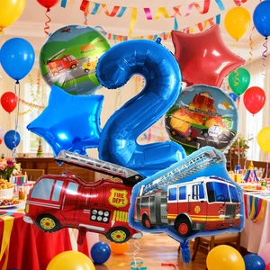 Macro view of fire truck foil balloons and number 2 balloon for kids birthday party
