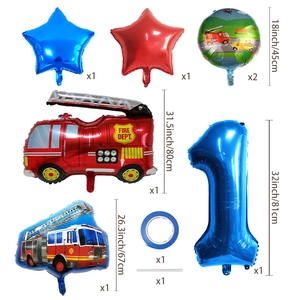 Fire truck birthday balloon set with red star and blue number one foil balloons