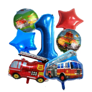 Detailed set of transport balloons featuring large number 1 and cartoon fire truck foil shapes