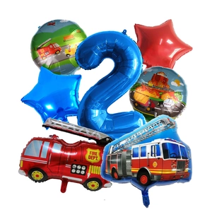 7-piece transport fire truck foil balloon set for toddler's second birthday party decor