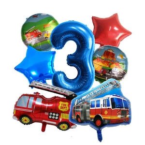 7pcs fire truck balloon set with large blue number 3 for toddler birthday party decor