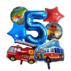 7-piece fire truck themed 5th birthday balloon set with red and blue star foil balloons