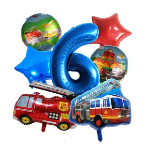 Macro view showing 6th birthday transportation balloon set with fire truck and school bus