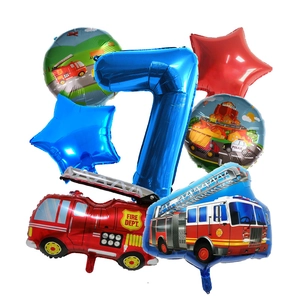 7th birthday fire truck balloon set with number 7 and police car foil decorations