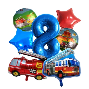 Detailed 7-piece fire truck balloon set for kids' 8th birthday with stars and transport theme