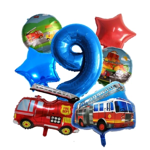 7-piece fire truck birthday party balloon set with number 9 and foil fire engines