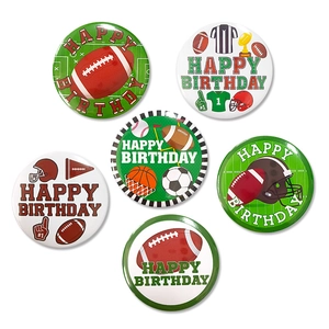 Juego de seis insignias de hojalata con temática deportiva para fiestas de cumpleaños