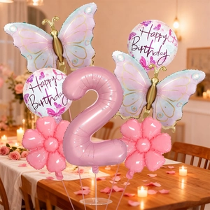 Pink number 2 balloon set with butterfly foils and flowers for a second birthday party