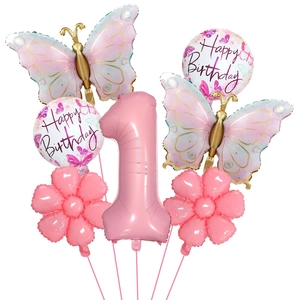 Detailed 7-piece set including pink number 1, butterfly, and flower foil balloons