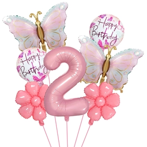 Pink butterfly balloon set for 2nd birthday party decoration with large number 2