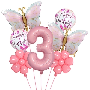 Pink number 3 balloon set with butterfly foil balloons for girls' birthday party decoration