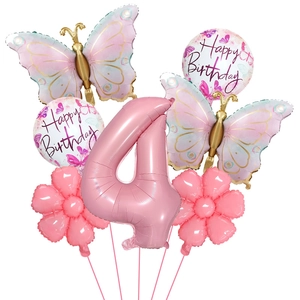 Pink butterfly balloon set for girls 4th birthday with number 4 and floral round balloons