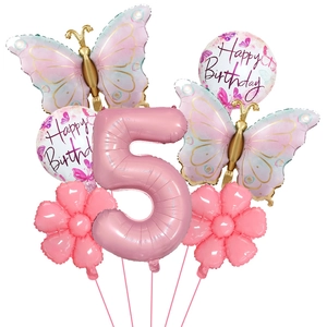 Pink butterfly and flower foil balloon set with large number 5 for girl's birthday party