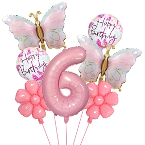 Pink number 6 foil balloon set with butterfly and flower designs for birthday party decor